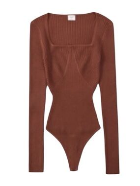 NEW Abercrombie & Fitch Square Neckline Ribbed Knit Long Bodysuit in Brown